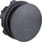 Zwarte, ronde kunststof dop met geribbelde rand en symbool in het midden. Gebruikt voor afdichting of afdekking.