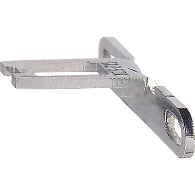 Een zilveren metalen gereedschap met een plat, rechthoekig lichaam en een smalle verlenging aan één uiteinde, op een witte achtergrond.
