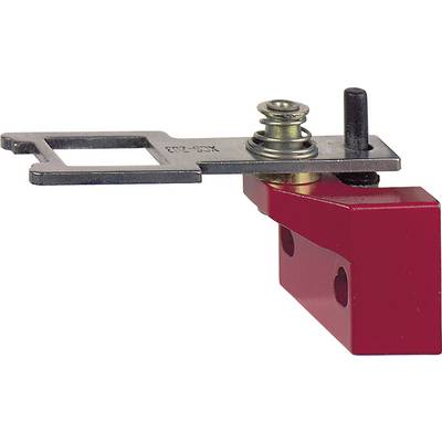 Metalen mechanisch onderdeel met een rode voet en een beweegbare metalen klem, mogelijk bedoeld voor bevestigings- of sensorfunctie.