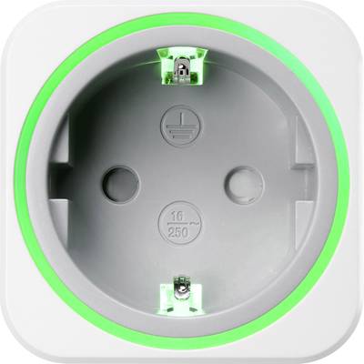 Wandcontactdoos met een groene verlichtingsring die de operationele status aangeeft. De contactdoos is rond en heeft inkepingen voor een Schuko-stopcontact.