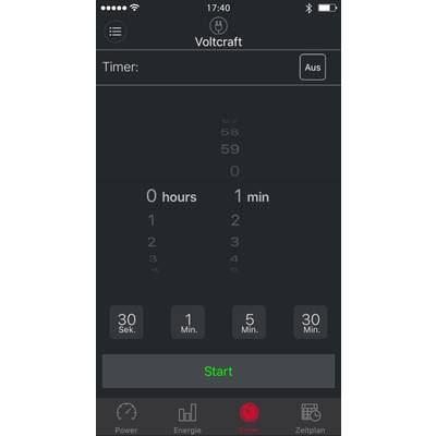 Timer-app-scherm met instelwiel voor uren en minuten. De timer staat ingesteld op 0 uur en 1 minuut. 'Start'-knop onderaan.