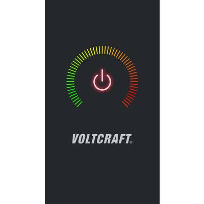 Een verlichte netschakelaar in het midden van een halfcirkelvormige, meerkleurige balk van groen naar rood. Daaronder staat 'VOLTCRAFT'.