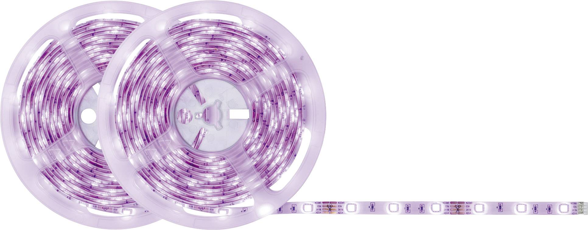 Paarse LED-lichtstrips op twee rollen, gedeeltelijk uitgerold. Ideaal voor decoratie en sfeervolle verlichting van binnenruimtes.