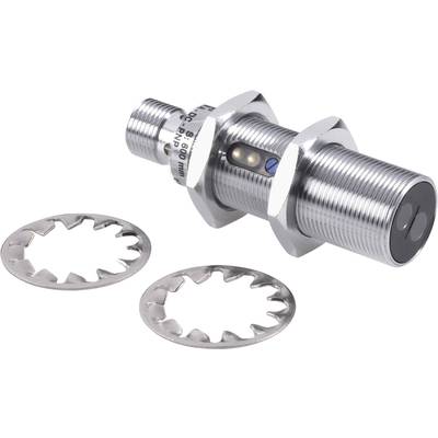 Zilveren cilindrische nabijheidsensor met twee afdichtringen, bedoeld voor het detecteren van metalen objecten zonder fysiek contact.