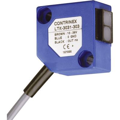 Een rechthoekige, blauwe sensor met kabel, waarop de specificaties 'CONTRINEX LTK-3031-303' zijn vermeld, met elektrische aansluitkleuren.