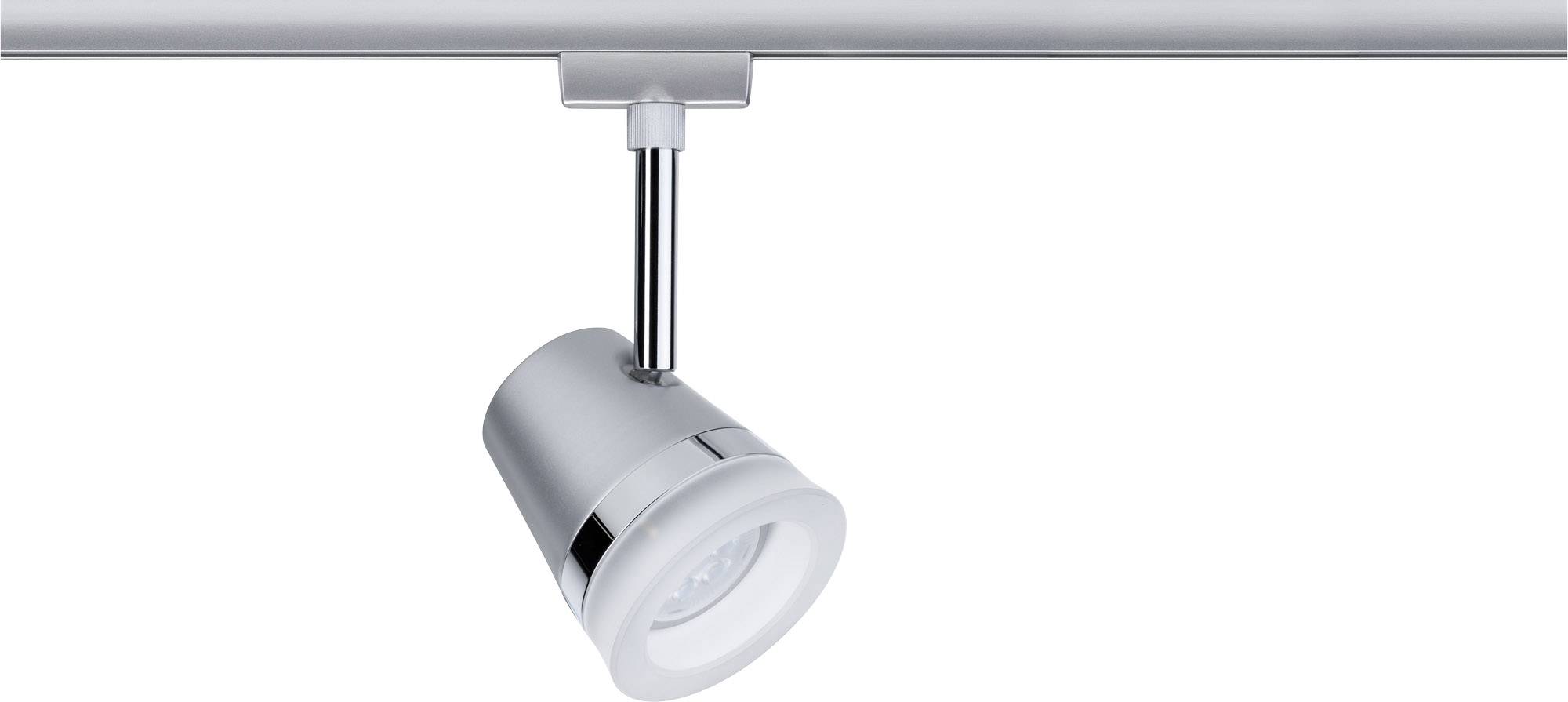 Een zilveren plafondrail met een enkele, cilindrische LED-spotlamp die naar beneden is gericht.