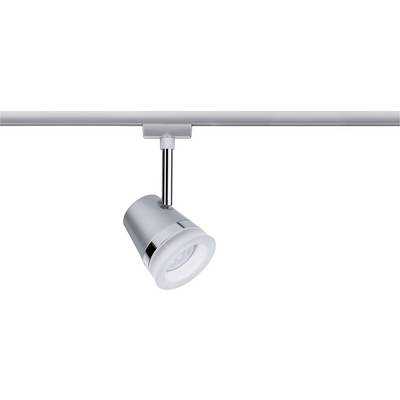 Een zilveren plafondrail met een enkele, cilindrische LED-spotlamp die naar beneden is gericht.