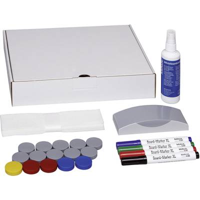 Een whiteboard-accessoireset met stiften, magneten, een spons, reinigingsdoekjes, reinigingsmiddel en een opbergdoos.