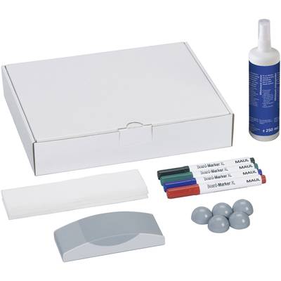 Een whiteboard-accessoireset met een box, vier gekleurde markers, een doek, een spons, zes magneten en een flessenreiniger.