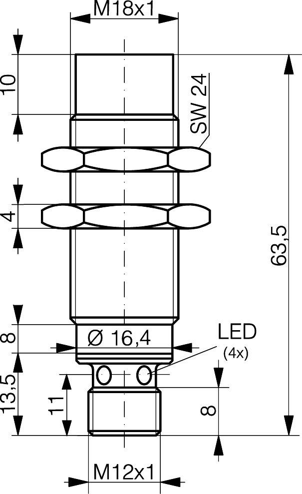 Technische tekening van een sensor met afmetingen: lengte 63,5 mm, diameter Ø16,4 mm. Aansluitingen M18x1 en M12x1. LED-indicatie.
