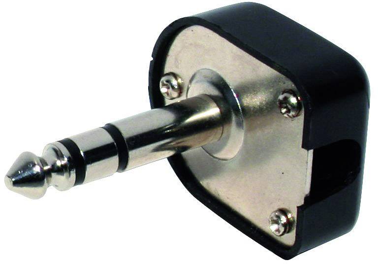 Een metalen jackplug met zwarte kunststof afdekking op een witte achtergrond.