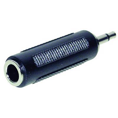 Zwarte audiojack-adapter met 3,5-mm-aansluiting en geribbelde greep voor versterking van de verbinding.