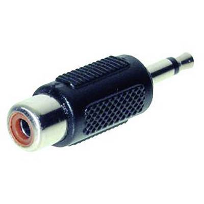 Een adapter met een 3,5 mm jackstekker naar een vrouwelijke RCA-aansluiting, gebruikt voor audioverbindingen.