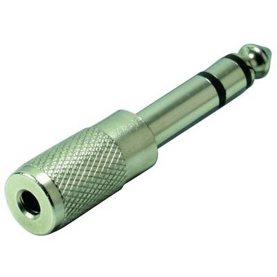 Een zilveren 6,35 mm jackadapter op een witte ondergrond, die wordt gebruikt om audioapparatuur met verschillende aansluitgroottes te verbinden.