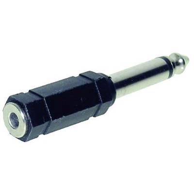 Een zwarte audio-adapterplug. Aan de ene kant een 6,35 mm jackbus, aan de andere kant een 6,35 mm jackstekker.