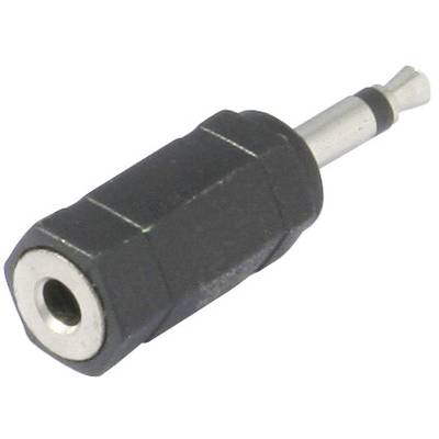 Een zwarte audio-adapter met een 3,5-mm-stereoaansluiting, mannelijk naar vrouwelijk, voor het verbinden van hoofdtelefoons of luidsprekers.