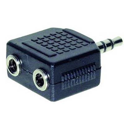 'Zwarte audio-splitter-adapter met twee aansluitingen en een jackplug voor het aansluiten van twee audioapparaten op één geluidsbron.'