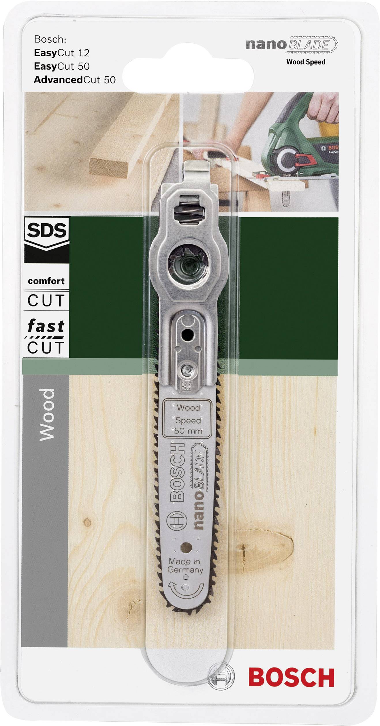 Package of a Bosch saw blade 'nanoBLADE Wood Speed'. Recommended for EasyCut and AdvancedCut models. Depicted on a green background.