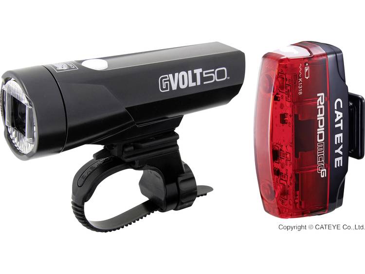 Fietsverlichtingsset LED Cateye GVOLT50 + RAPID MICRO G werkt op een accu Zwart, Rood