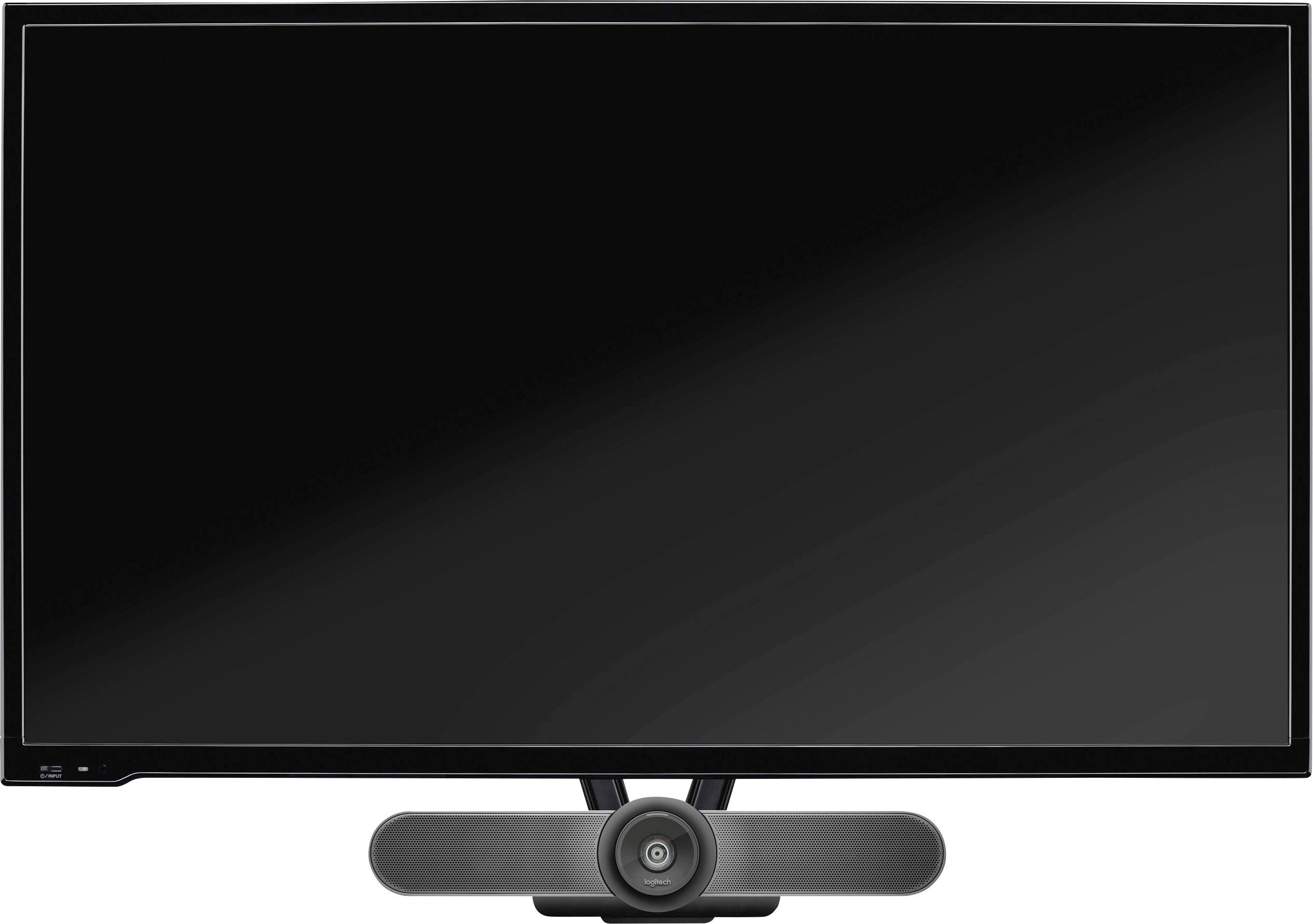 Een plat beeldscherm met een webcam bevestigd onderaan in het midden, voor een heldere achtergrond.