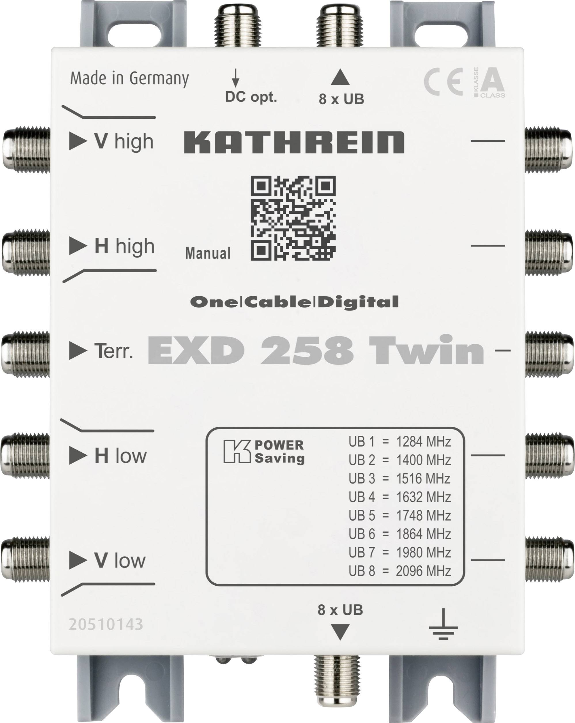 Multischakelaar 'Kathrein EXD 258 Twin' met frequentieaanduidingen en meerdere aansluitingen, vervaardigd in Duitsland.