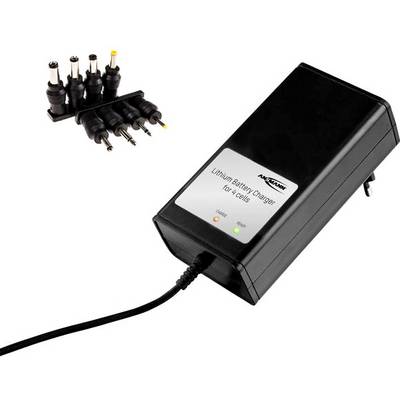 Lithium-batterijlader met verschillende adapteropzetstukken, geschikt voor 1-3 cellen. Hoofdapparaat heeft een statusweergave met groen en rood.