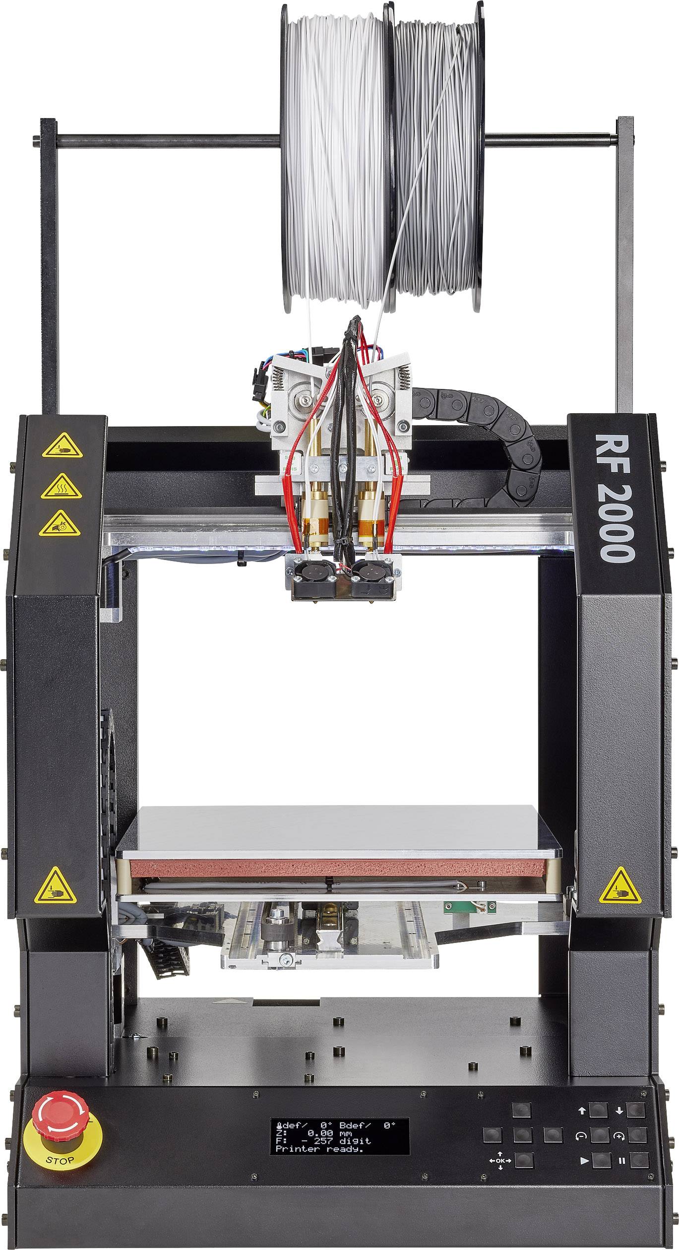 3D-printer met twee extruders en een opgespoelde filamentrol bovenaan. Bedieningspaneel onderaan toont bedrijfsklaar display.