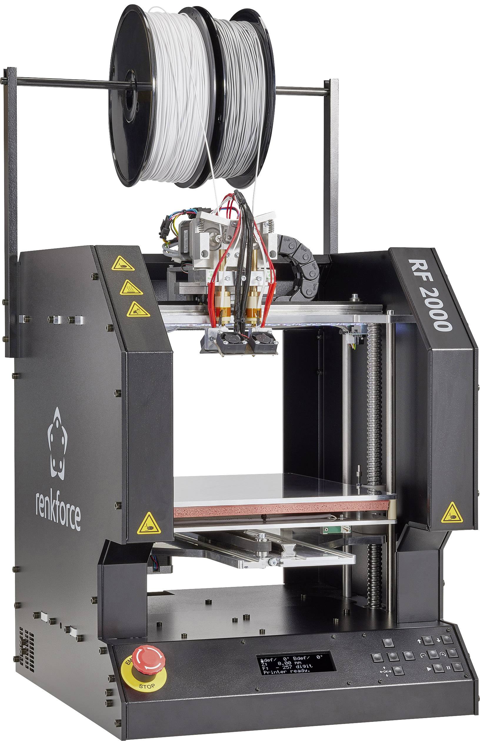 3D-printer met twee spoelen bovenaan, toont het open printoppervlak en bedieningselementen onderaan. Model 'renkforce RF-2000'.