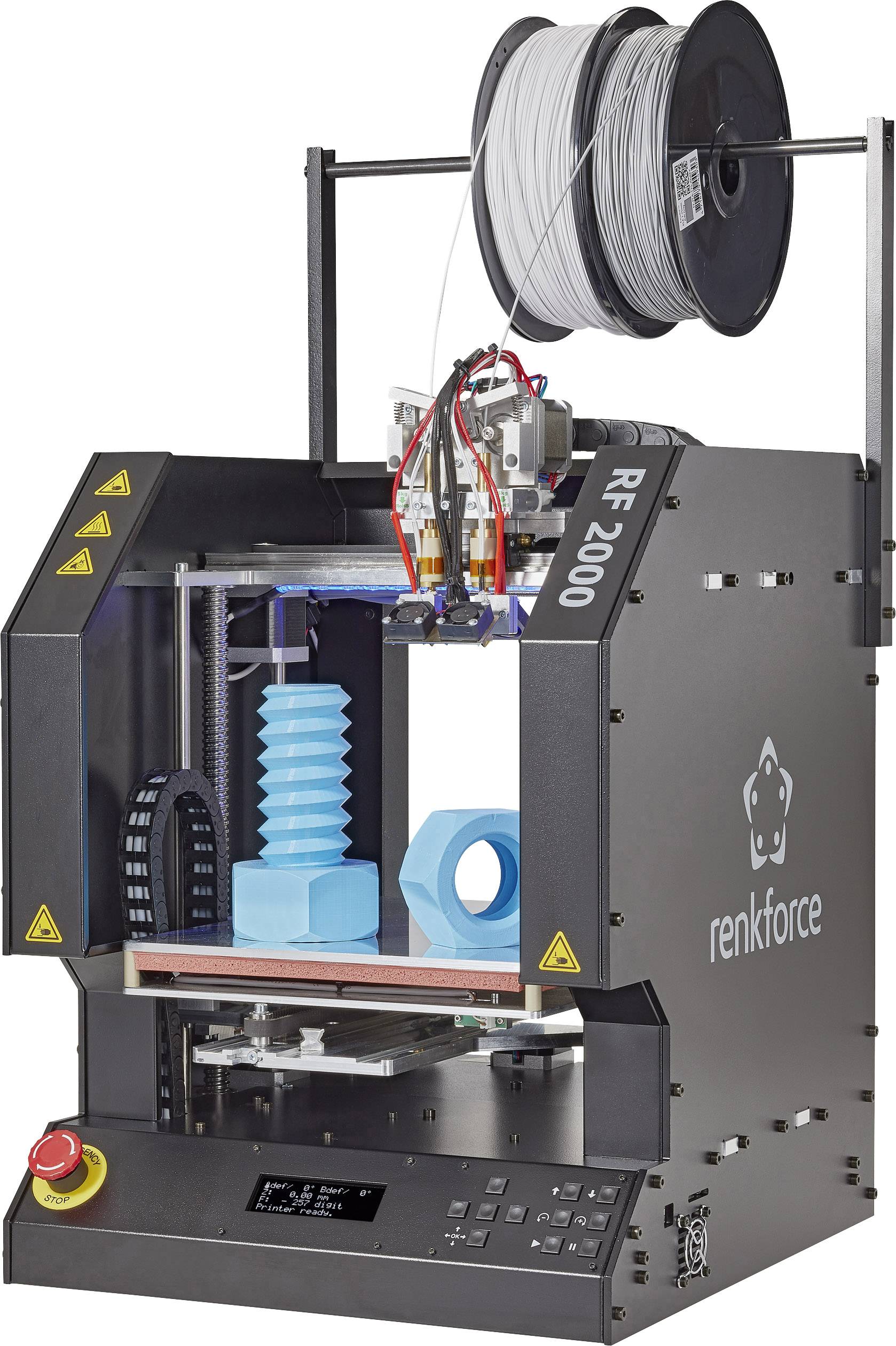 Een 3D-printer met twee filamentrollen drukt een blauw, schroefvormig object. Merk 'renkforce RF2000'.