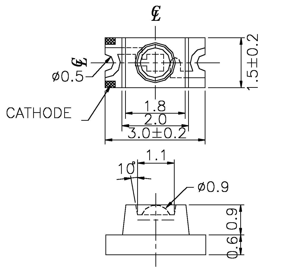 Technische tekening van een elektronisch onderdeel met afmetingen. Toont zij- en bovenaanzicht met gedetailleerde afmetingen.