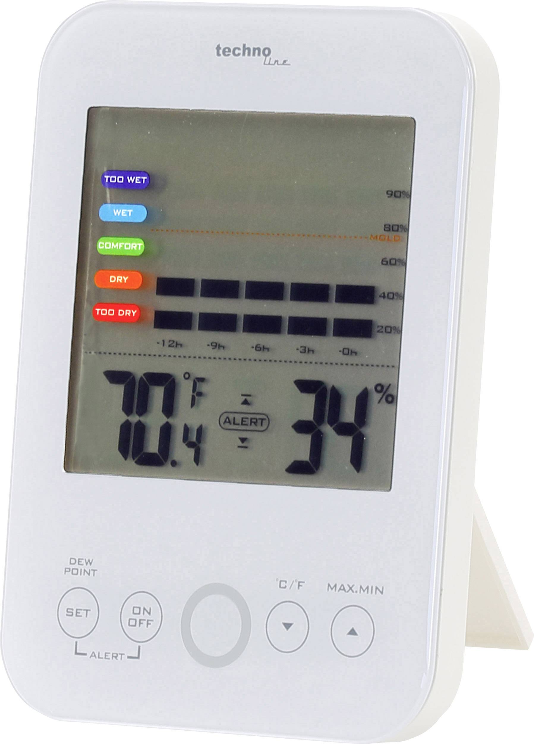 Digitale hygrometer toont temperatuur van 70,4°F en luchtvochtigheid van 34%. Kleurgecodeerde indicator: te droog.
