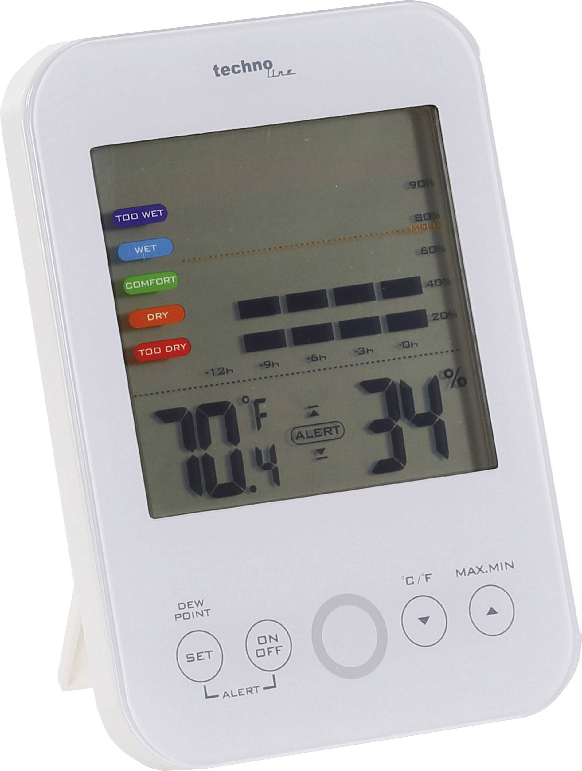Digitale thermometer met hygrometer toont 70,4 graden Fahrenheit en 34 procent luchtvochtigheid. Kleurgecodeerde comfortniveaus.
