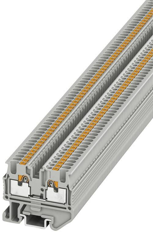 Grijze tweeverdiepingenklemmenrij met oranje aansluitklemmen, geschikt voor het veilig verbinden van elektrische leidingen.