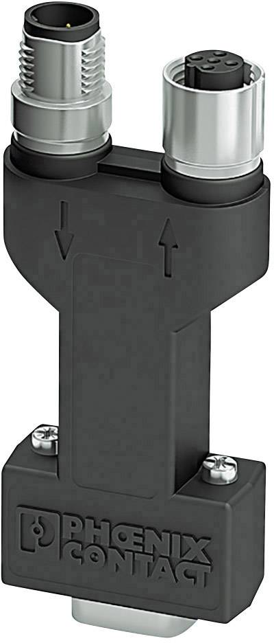 'Phoenix Contact'-adapter, zwart, met twee aansluitpunten en pijlen voor richtingsherkenning.