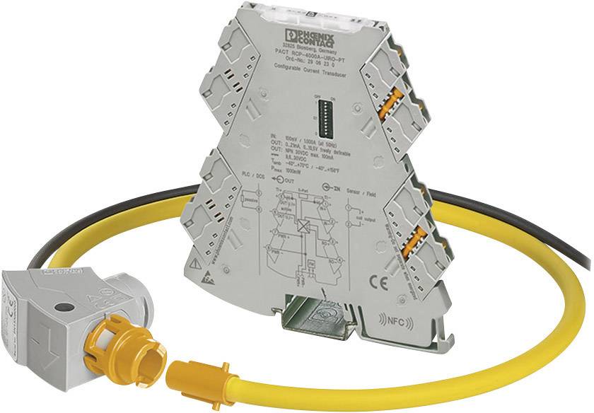 Elektronische module met geel kabel en stekkerverbinding. De module heeft de tekst 'Phoenix Contact' erop.