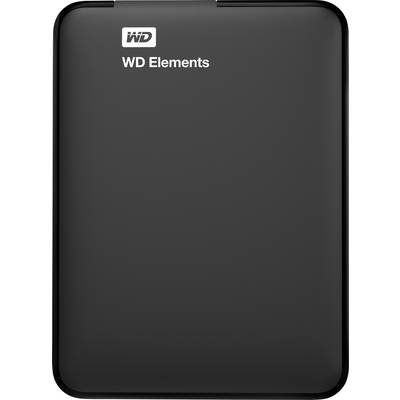 Zwarte externe harde schijf van het merk WD Elements, rechthoekig met afgeronde hoeken. Ideaal voor extra gegevensopslag.