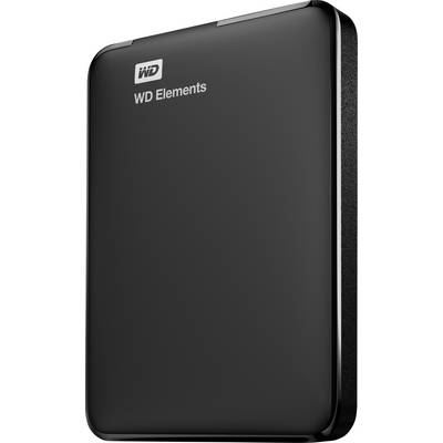 Een zwarte externe harde schijf van het merk WD Elements, staand onder een lichte hoek.