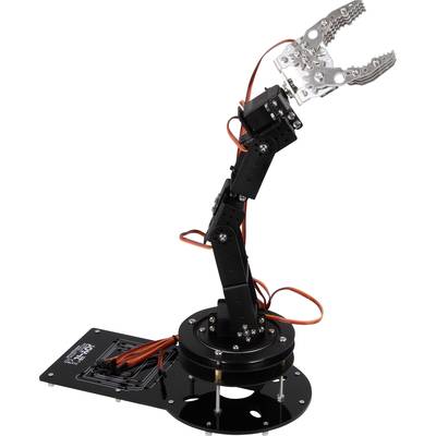 Een mechanische robotarm met meerdere gewrichten en een grijpklauw, verbonden met kabels, gemonteerd op een basisplatform.
