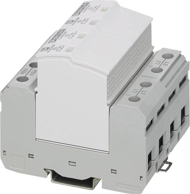 Een grijze, multipolaire overspanningsbeveiliging voor elektrische installaties, gemonteerd op een DIN-rail.