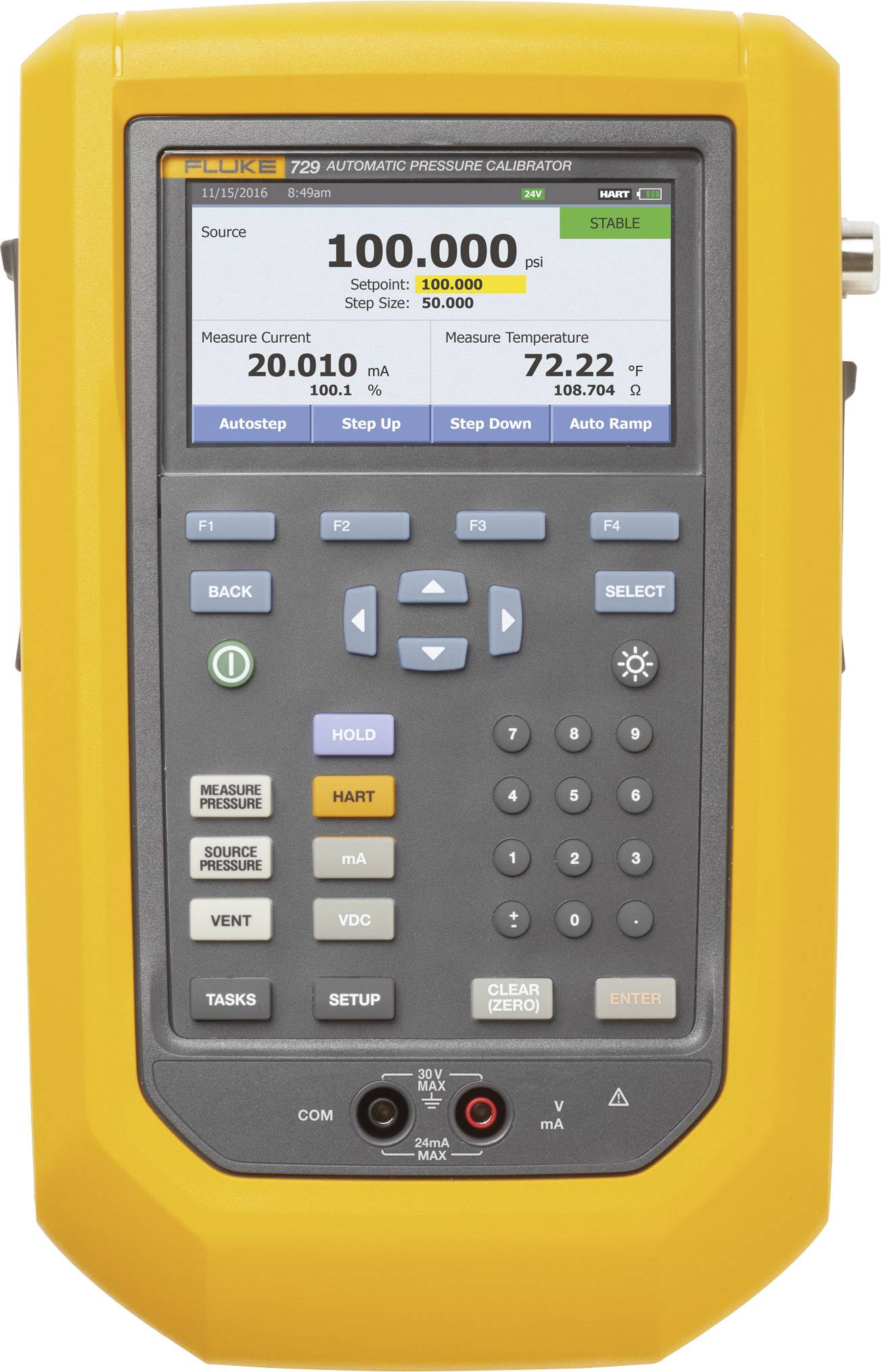 Een geel automatisch drukkalibratieapparaat met digitale weergave. Toont een drukwaarde van '100.000 psi' en temperatuur '72,22°F'.