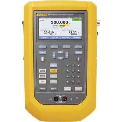 Een geel automatisch drukkalibratieapparaat met digitale weergave. Toont een drukwaarde van '100.000 psi' en temperatuur '72,22°F'.