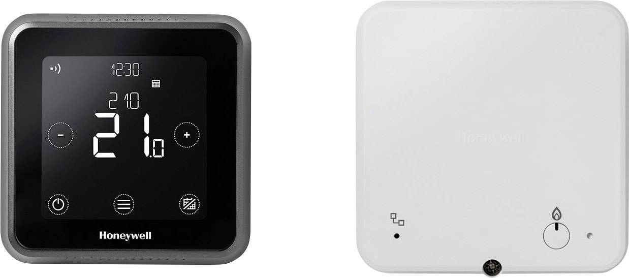 Digitale thermostaat van Honeywell met groot display en bedieningselementen. Toont de ingestelde temperatuur van 21 graden.