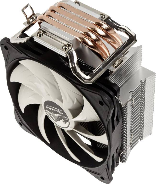 Aircooler met grote ventilator en koperen heatpipes, voor de koeling van computerprocessors, in zijaanzicht.