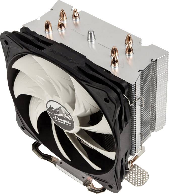 Luchtverdeler voor computerprocessoren met een grote ventilator en meerdere koper-heatpipes op een zilveren koelrichel.