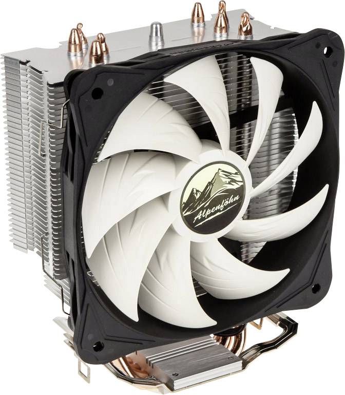 Een computerluchtkoeler met een grote witte ventilator in een zwarte behuizing, gemonteerd op een koellichaam met koperen heatpipes.