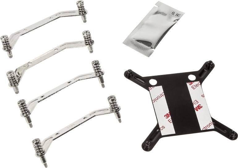 Metalen beugels met veren, een zwarte montageplaatje met plakband en een klein pakketje warmtegeleidingspasta, vermoedelijk voor CPU-koeler montage.