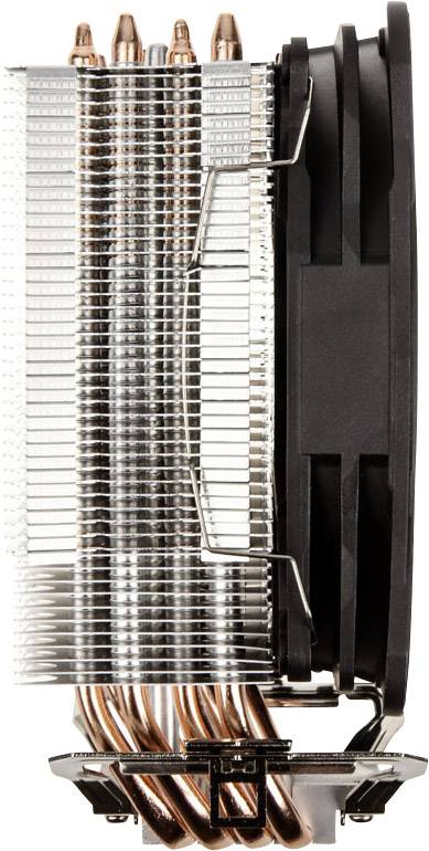 Zijaanzicht van een CPU-koeler met zilveren koelribben, koperen heatpipes en een zwarte ventilator. Geschikt voor computerkoeling.