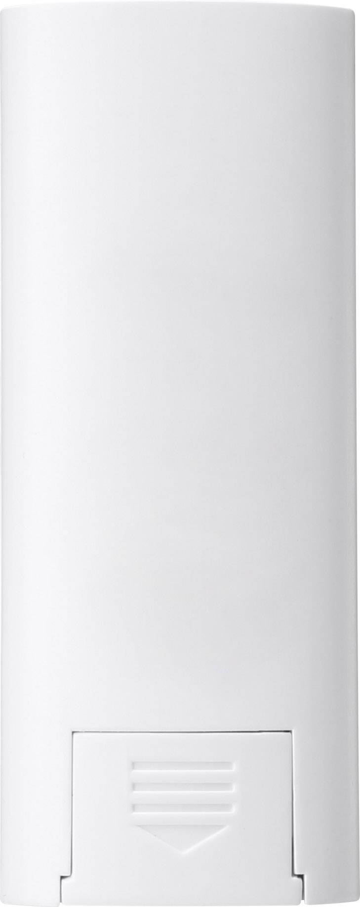 Witte plastic verpakking, cilindrische vorm met afgeronde randen, zou een container kunnen zijn voor cosmetica of verzorgingsproducten.