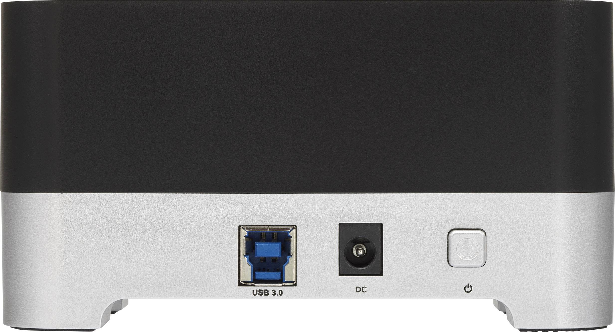 Een klein, rechthoekig apparaat met aansluitingen: USB 3.0, DC-voedingsaansluiting en een vierkante knop aan de achterkant.