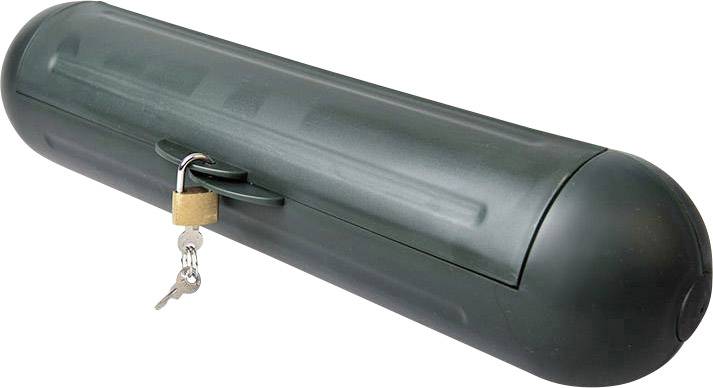 Groene, cilinderachtige container met een geïntegreerd slot en een haak waaraan twee kleine sleutels hangen.